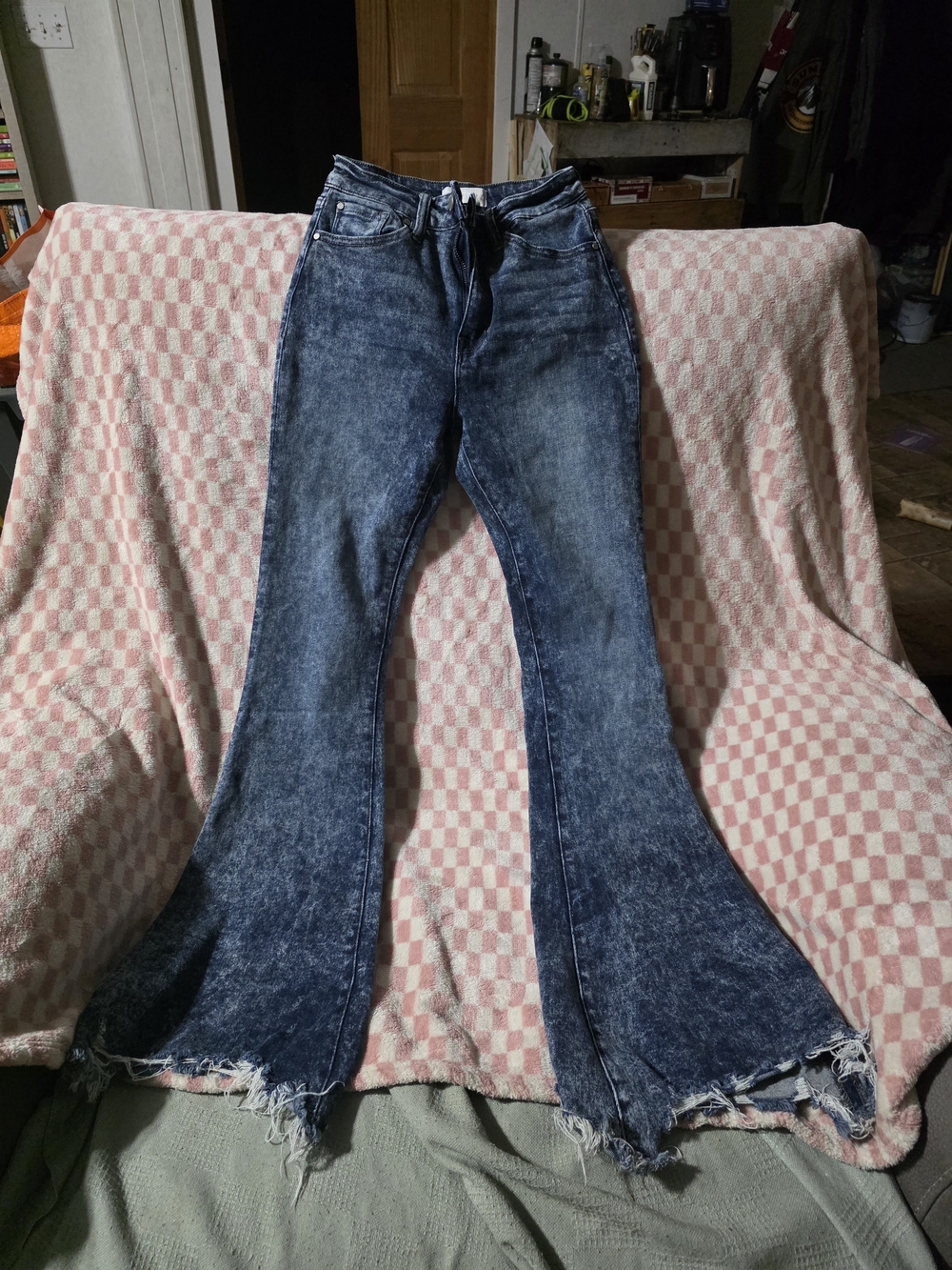 High-Rise Acid Wash Flare Jeans - Dark Blue
